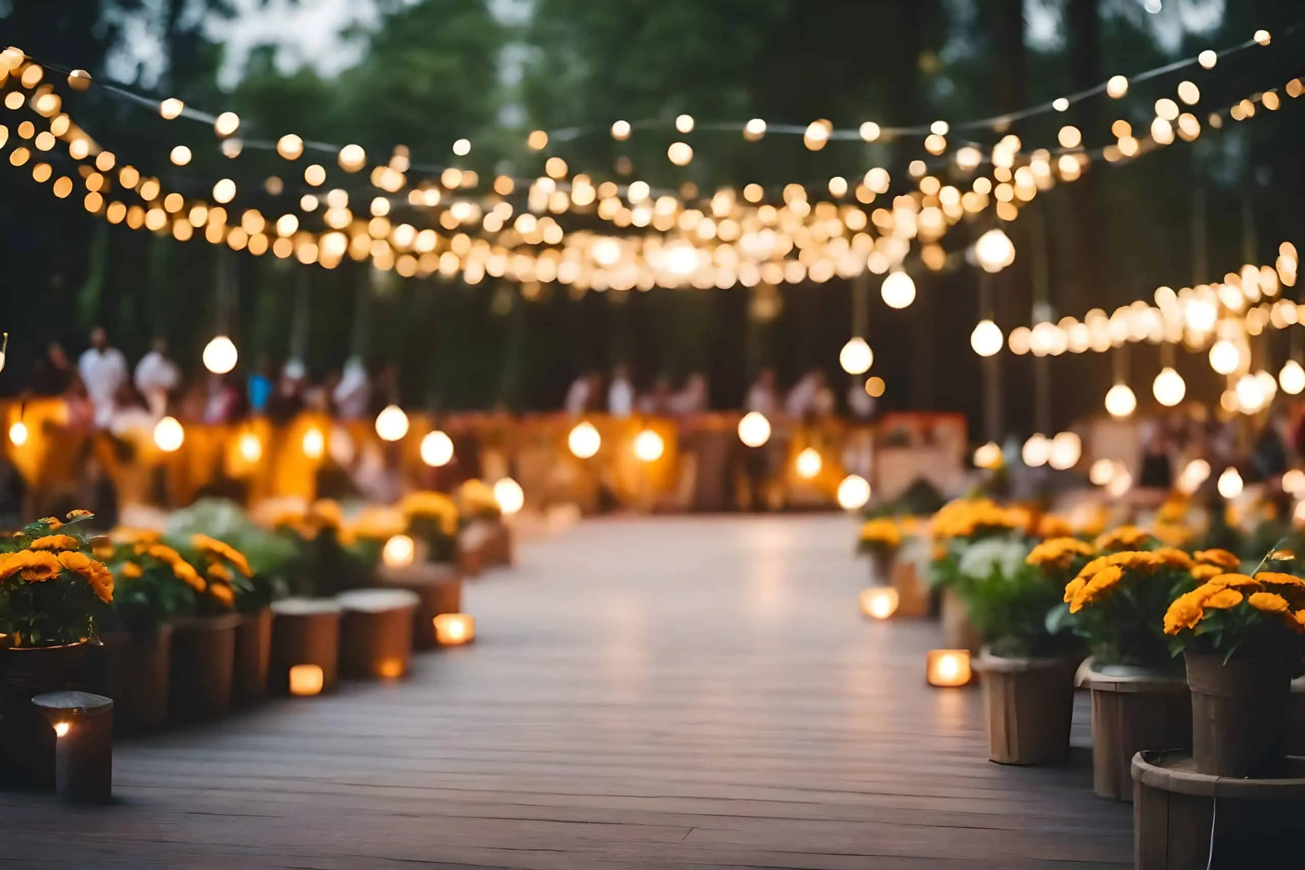 Beautiful festoon lights creating magical ambiance at outdoor Dubai wedding with warm Edison bulbs