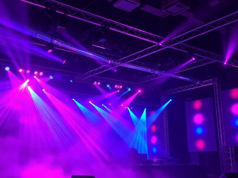 Professional stage lighting setup with moving heads and uplighters at Dubai corporate event